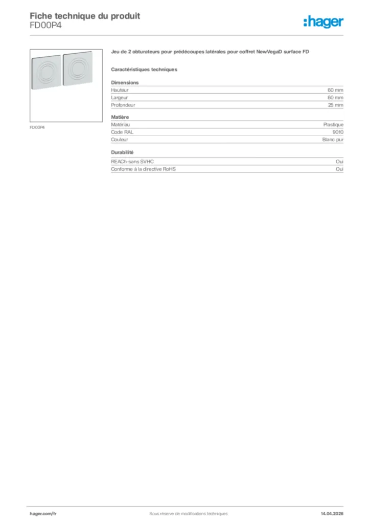 Image Hager Fiche technique du produit FD00P4 | Hager France