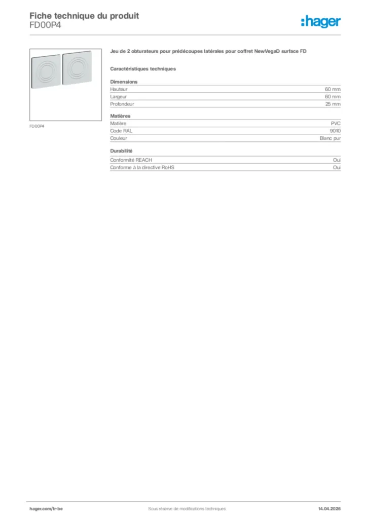 Image Hager Fiche technique du produit FD00P4 | Hager Belgique