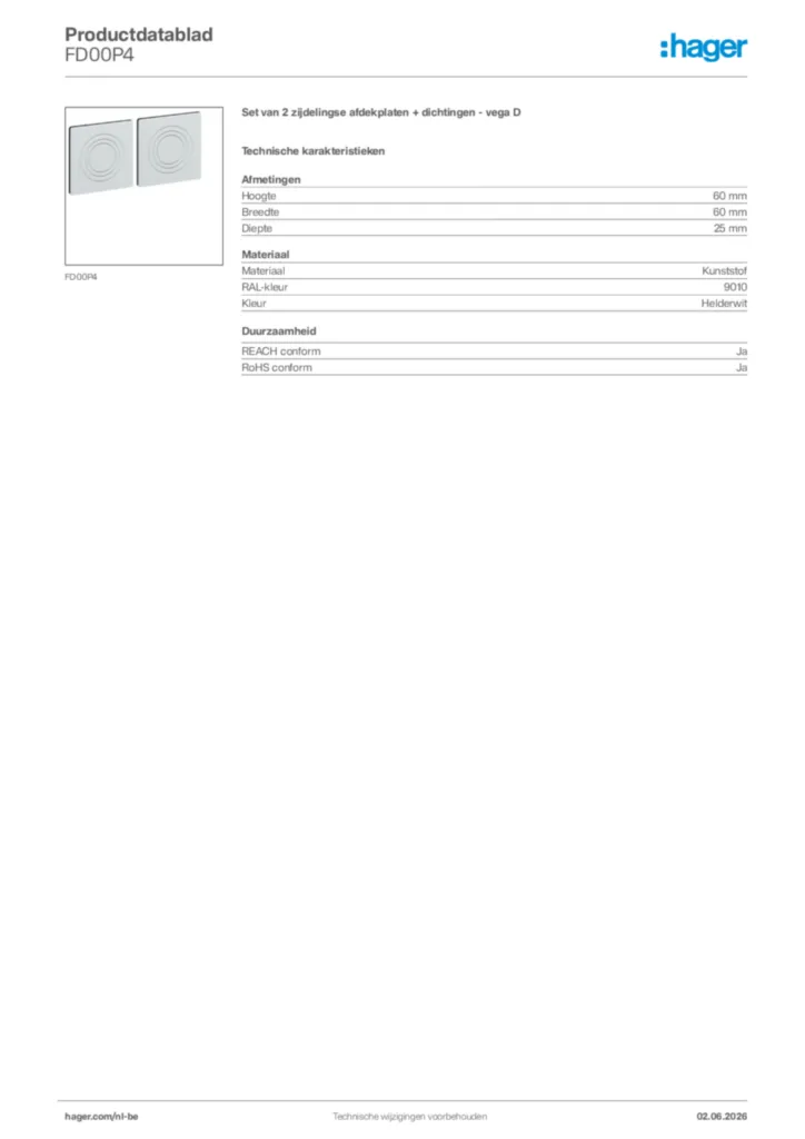 Afbeelding Hager Productdatablad FD00P4 | Hager Belgium