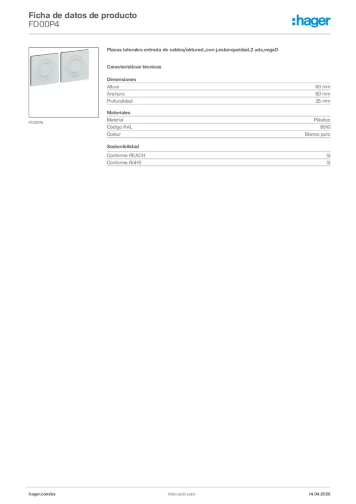 Imagen Hager Ficha de datos de producto FD00P4 | Hager España