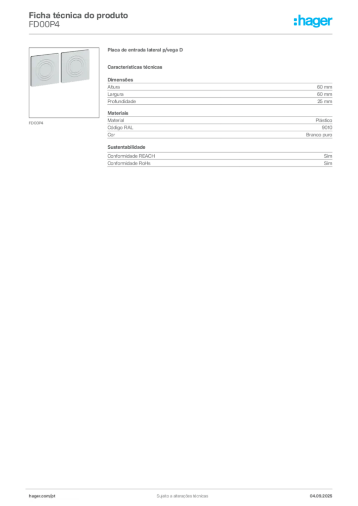 Imagem Hager Ficha técnica do produto FD00P4 | Hager Portugal