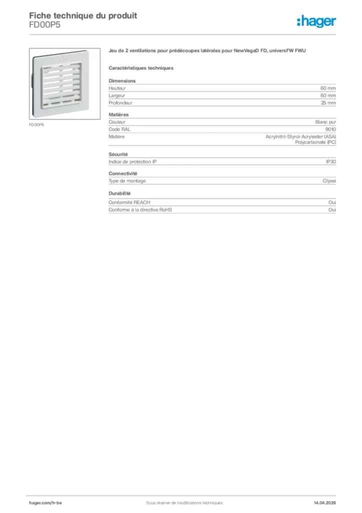 Image Hager Fiche technique du produit FD00P5 | Hager Belgique