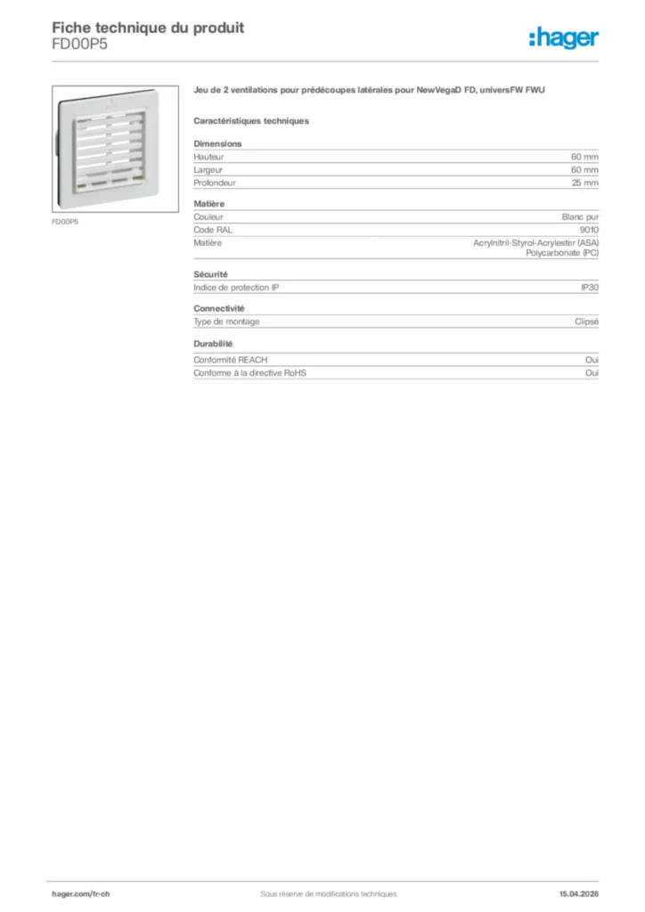 Image Hager Fiche technique du produit FD00P5 | Hager Suisse