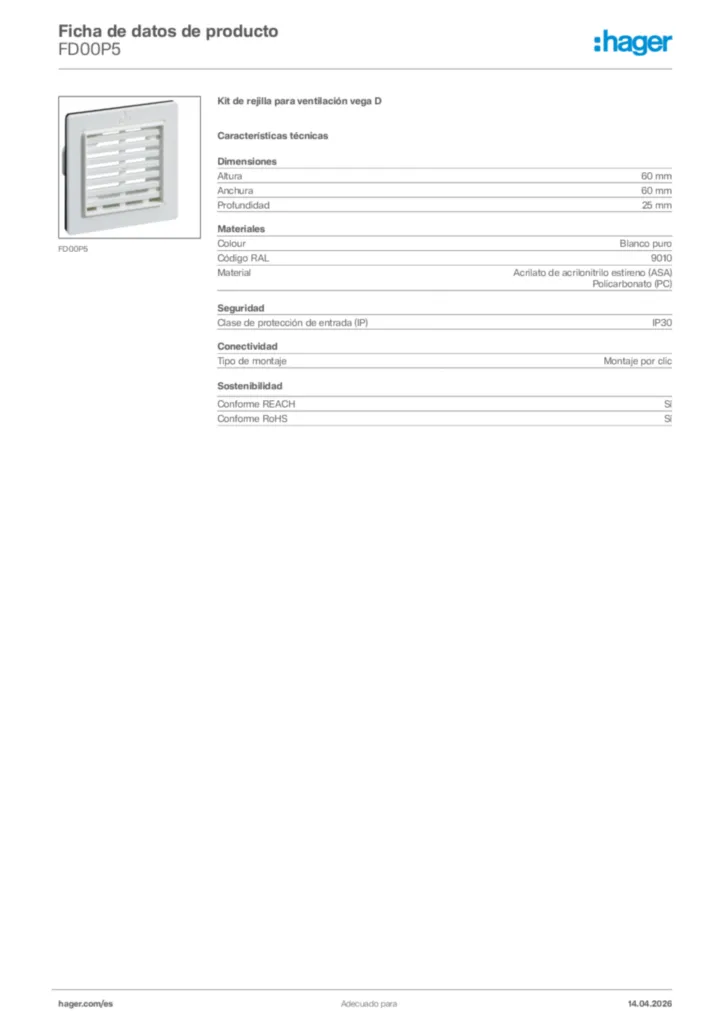 Imagen Hager Ficha de datos de producto FD00P5 | Hager España