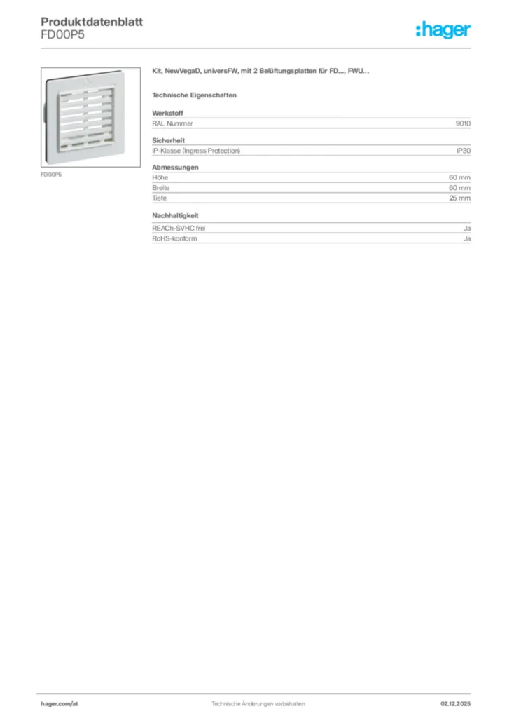 Bild Hager Produktdatenblatt FD00P5 | Hager Deutschland