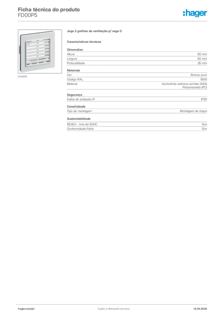Imagem Hager Ficha técnica do produto FD00P5 | Hager Portugal