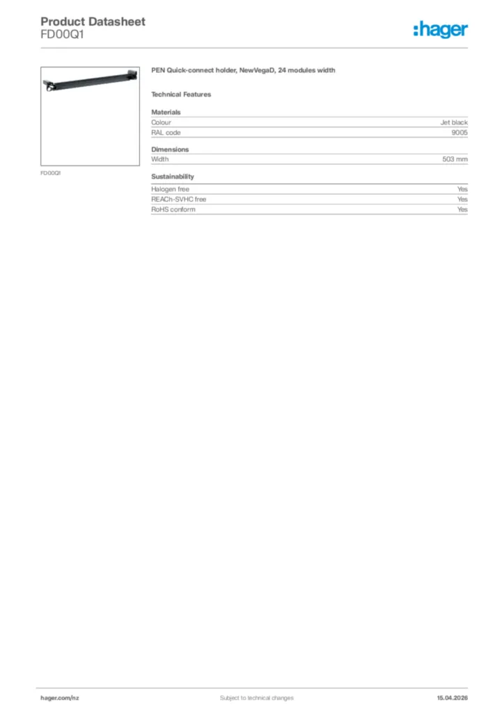 Image Hager Product data sheet FD00Q1  | Hager New Zealand