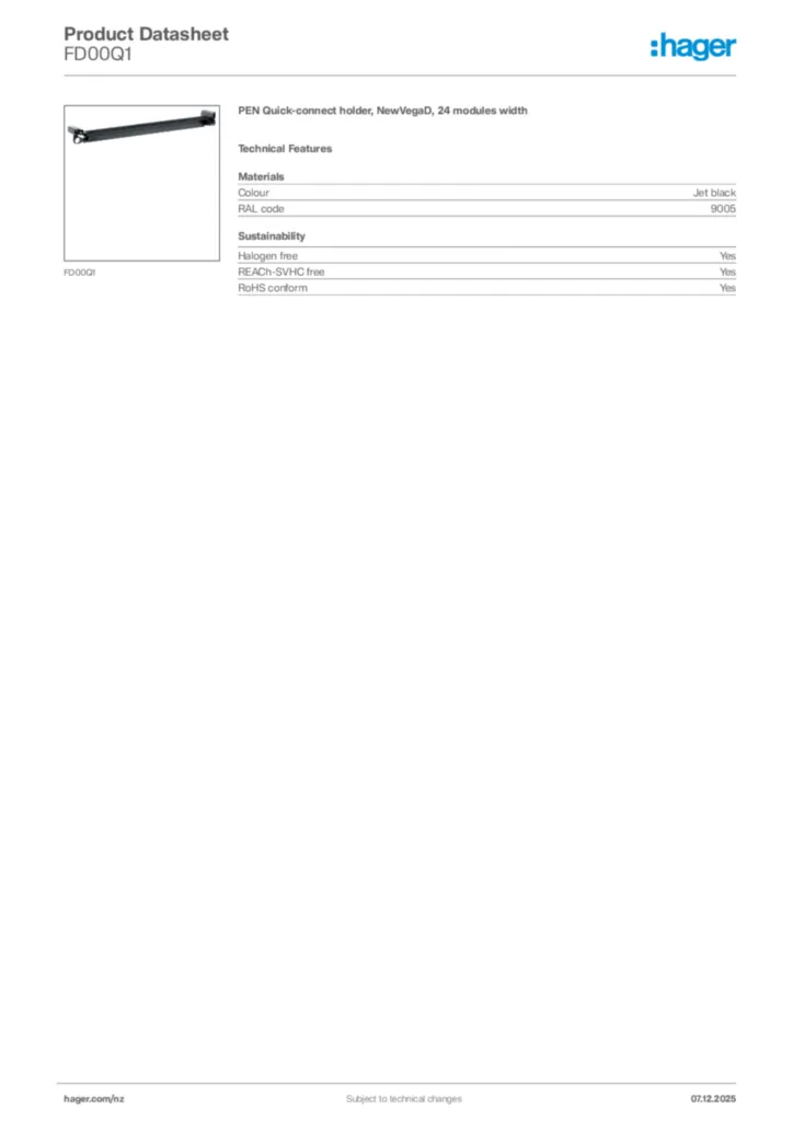 Image Hager Product data sheet FD00Q1  | Hager New Zealand