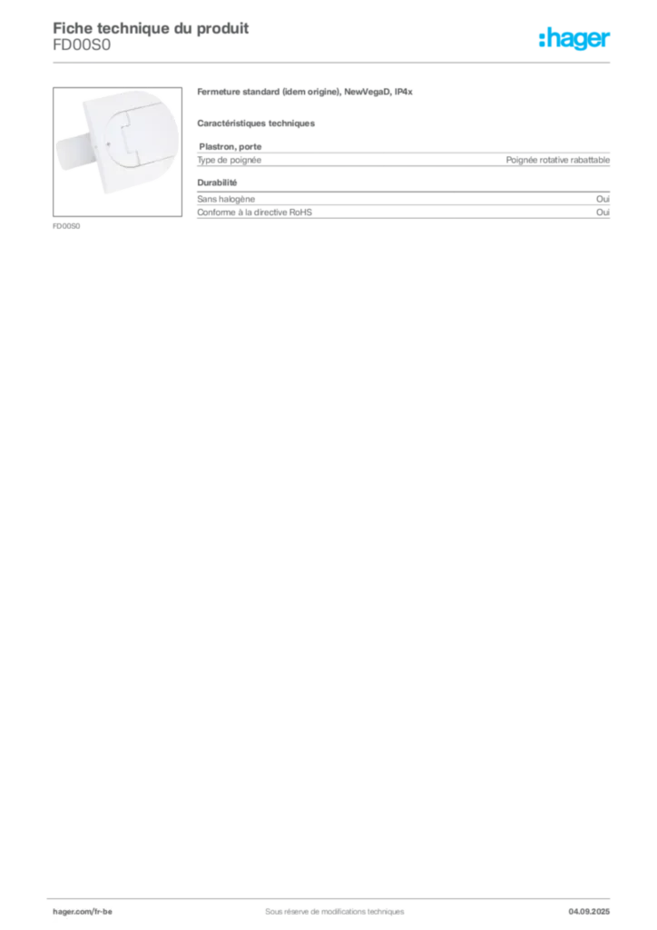 Image Hager Fiche technique du produit FD00S0 | Hager Belgique