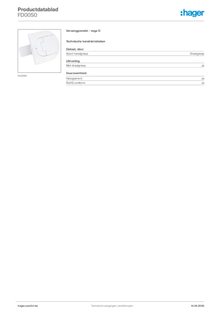 Afbeelding Hager Productdatablad FD00S0 | Hager Belgium