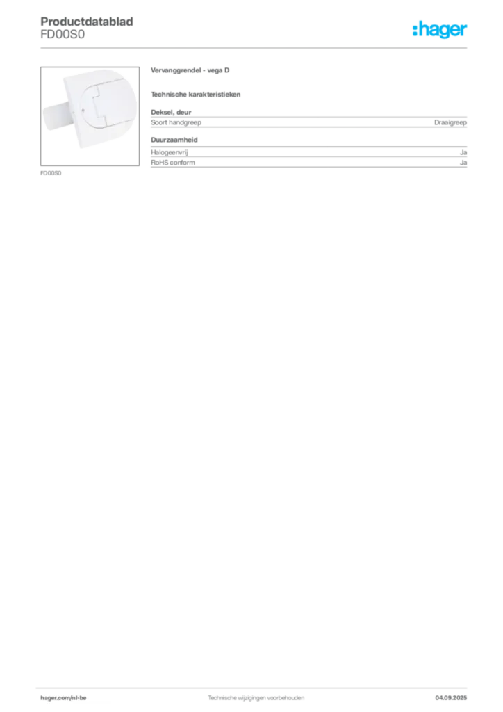 Afbeelding Hager Productdatablad FD00S0 | Hager Belgium