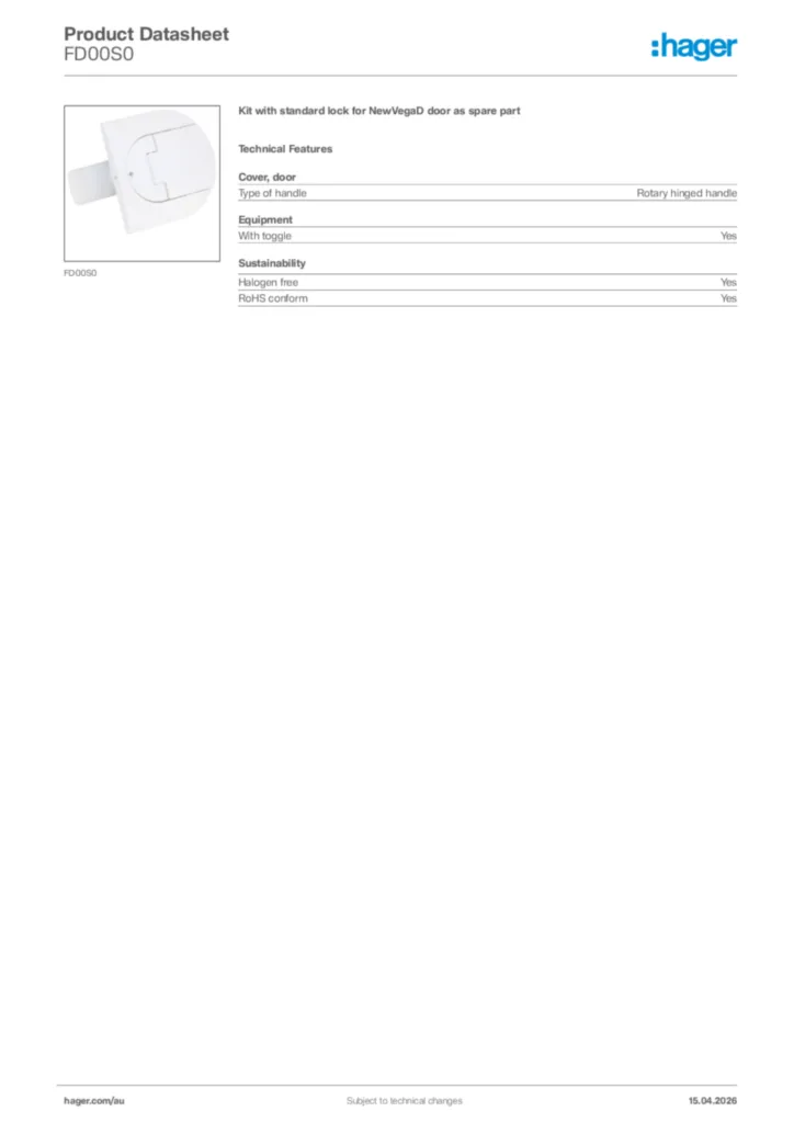 Image Hager Product data sheet FD00S0  | Hager Australia