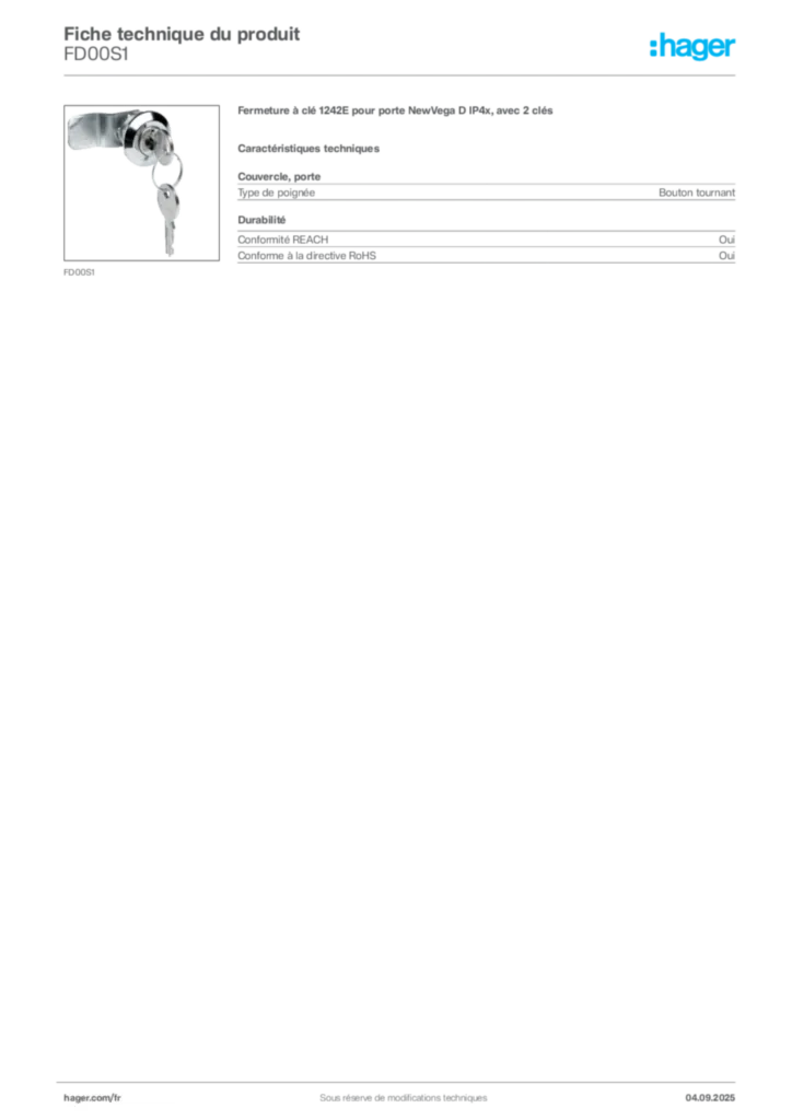Image Hager Fiche technique du produit FD00S1 | Hager France