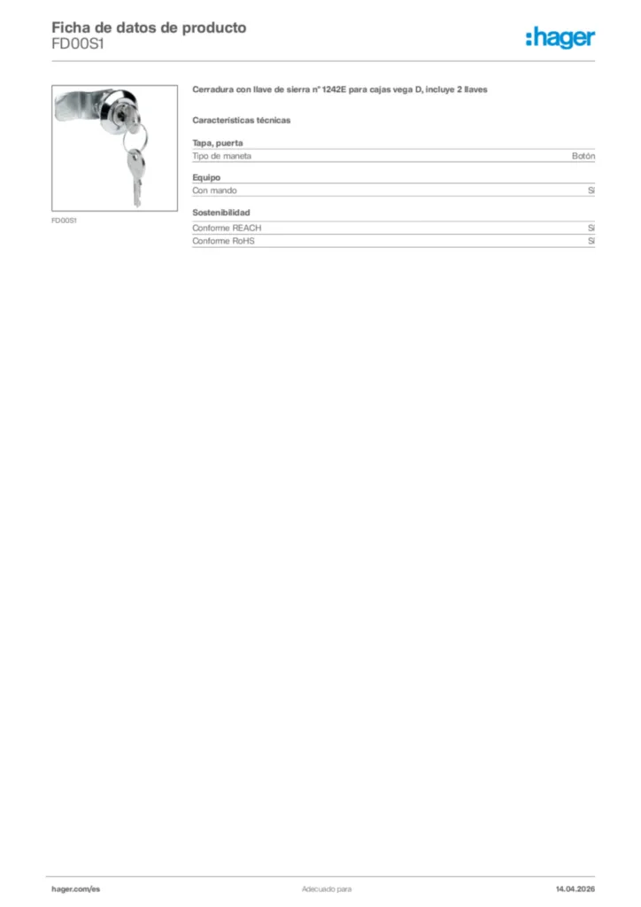 Imagen Hager Ficha de datos de producto FD00S1 | Hager España
