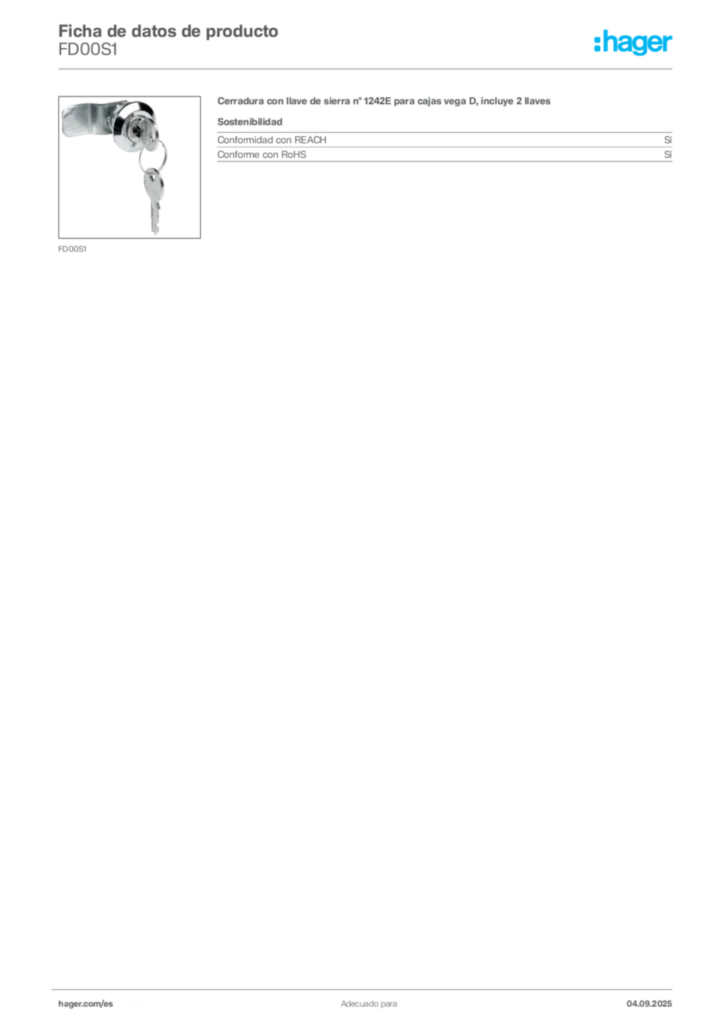 Imagen Hager Ficha de datos de producto FD00S1 | Hager España