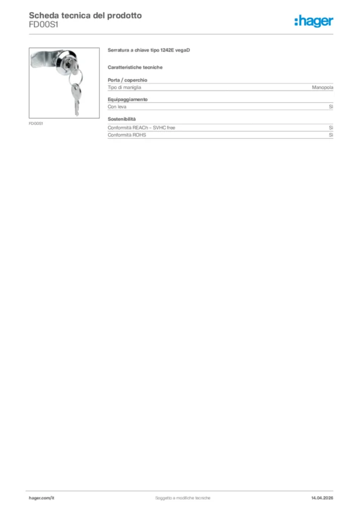 Immagine Hager Scheda tecnica del prodotto FD00S1 | Hager Italia