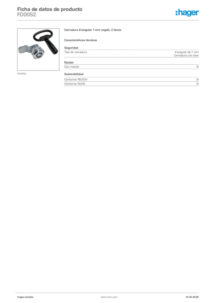 Imagen Hager Ficha de datos de producto FD00S2 | Hager España