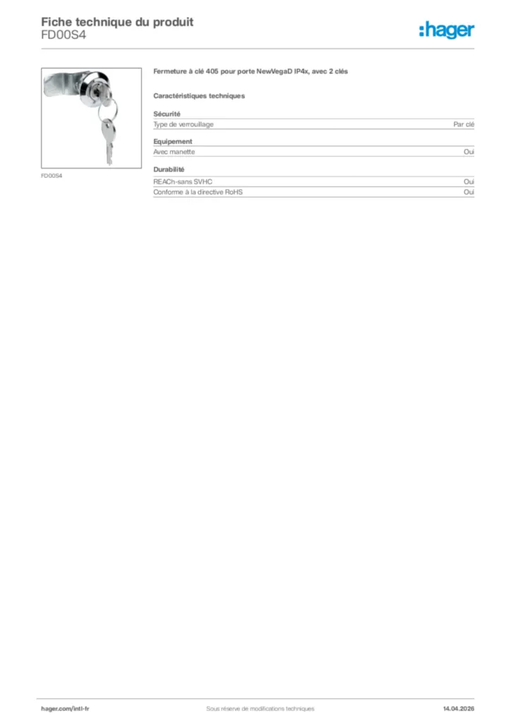 Image Hager Fiche technique du produit FD00S4 | Hager Afrique