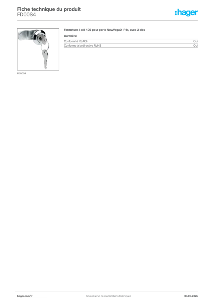 Image Hager Fiche technique du produit FD00S4 | Hager France