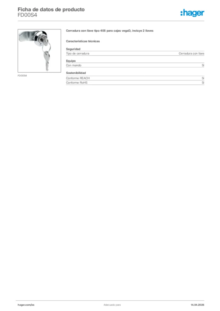 Imagen Hager Ficha de datos de producto FD00S4 | Hager España