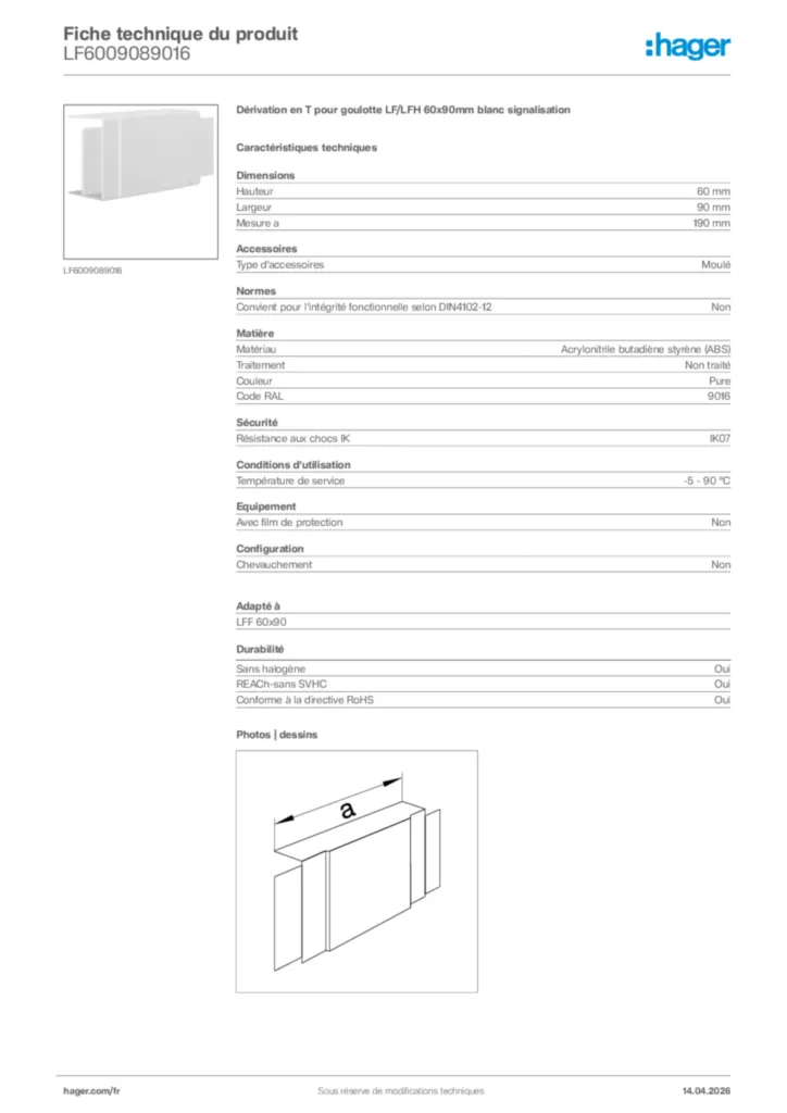 Image Hager Fiche technique du produit LF6009089016 | Hager France