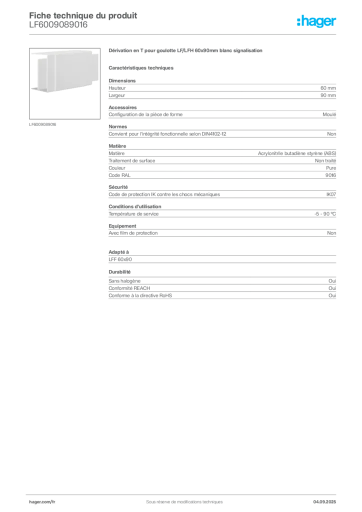 Image Hager Fiche technique du produit LF6009089016 | Hager France