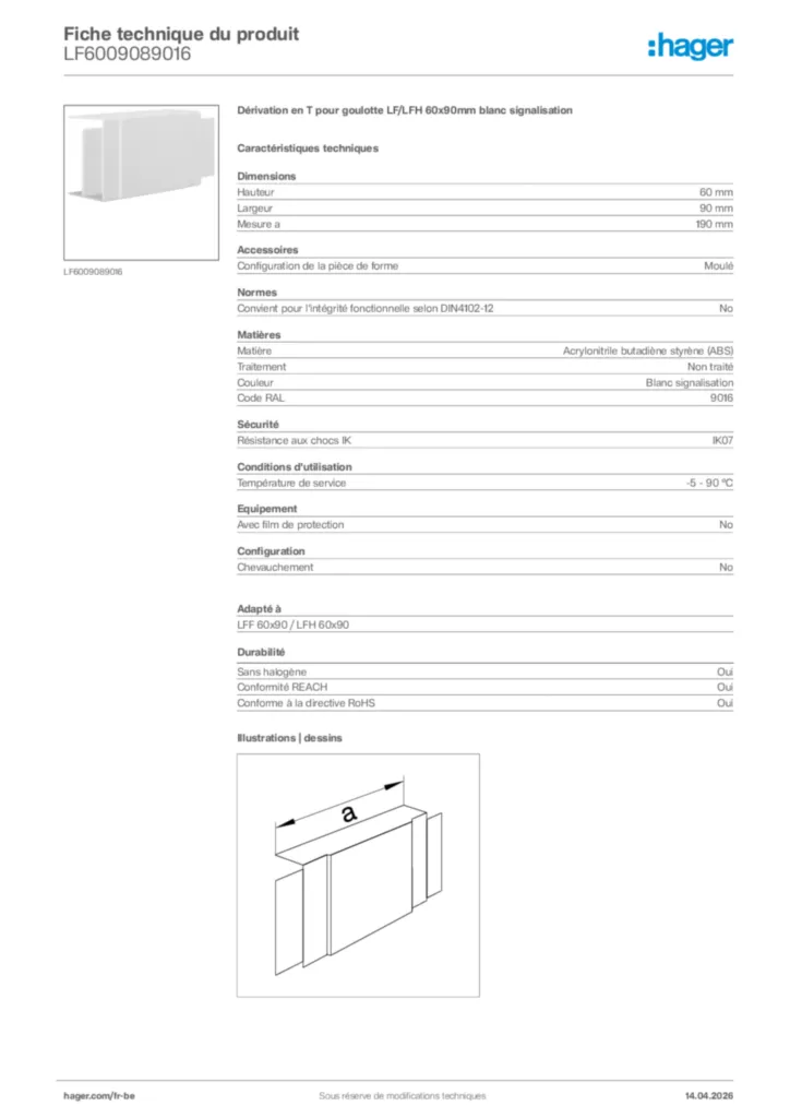 Image Hager Fiche technique du produit LF6009089016 | Hager Belgique