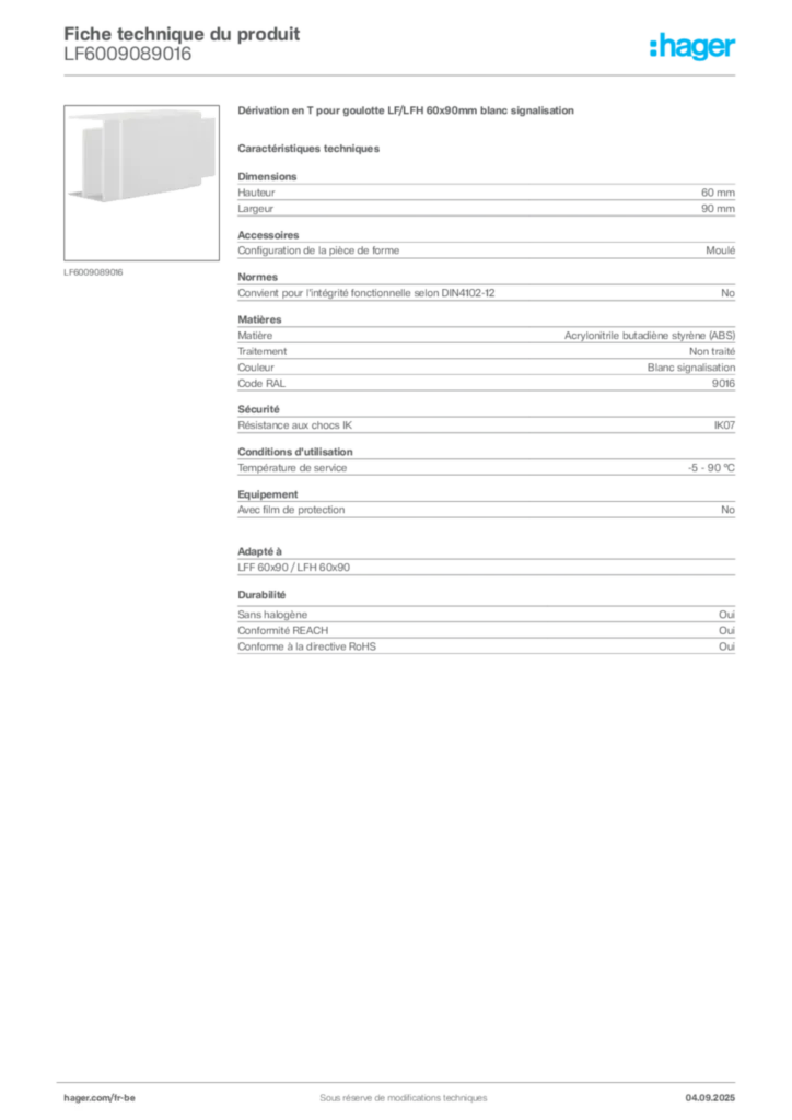 Image Hager Fiche technique du produit LF6009089016 | Hager Belgique