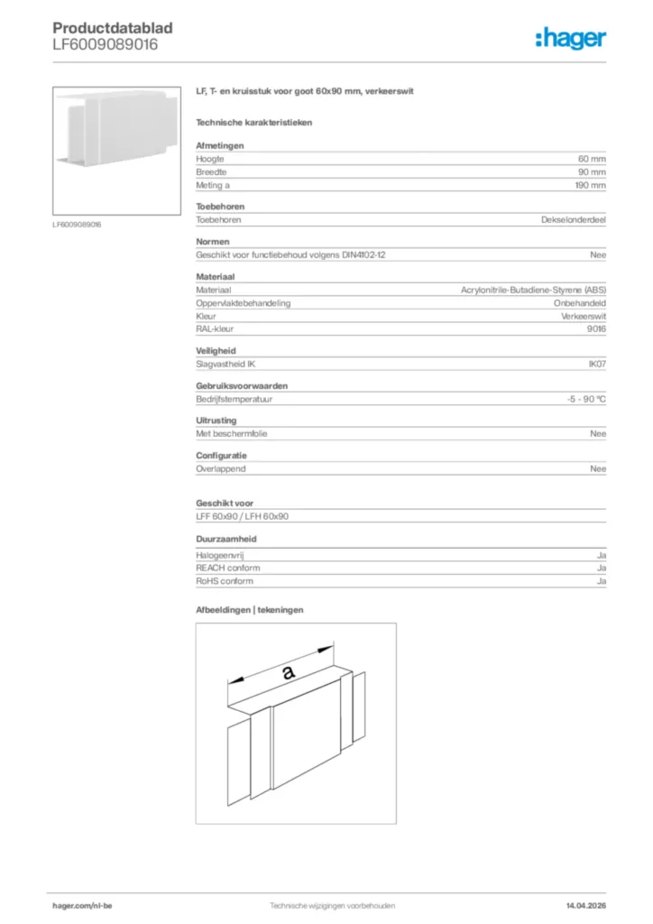 Afbeelding Hager Productdatablad LF6009089016 | Hager Belgium