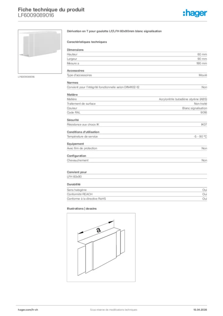 Image Hager Fiche technique du produit LF6009089016 | Hager Suisse