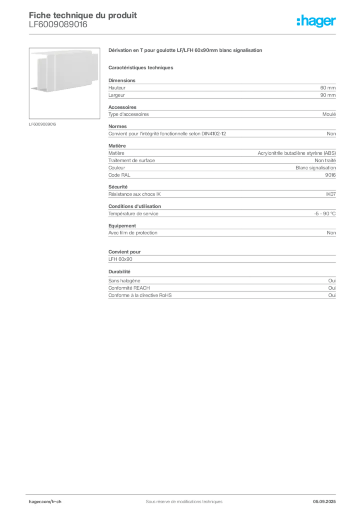 Image Hager Fiche technique du produit LF6009089016 | Hager Suisse