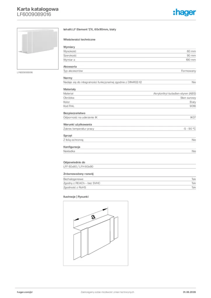 Zdjęcie Hager Karta katalogowa LF6009089016 | Hager Polska