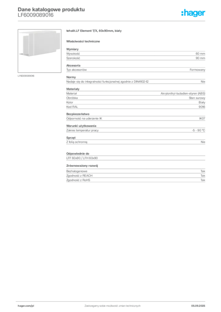 Zdjęcie Hager Dane katalogowe produktu LF6009089016 | Hager Polska