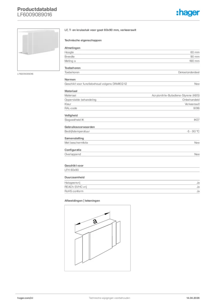 Afbeelding Hager Productdatablad LF6009089016 | Hager Nederland