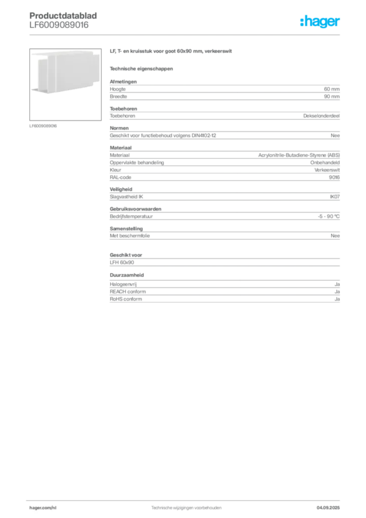 Afbeelding Hager Productdatablad LF6009089016 | Hager Nederland