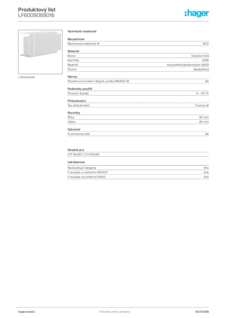 Obrázek Hager Produktový list LF6009089016 | Hager