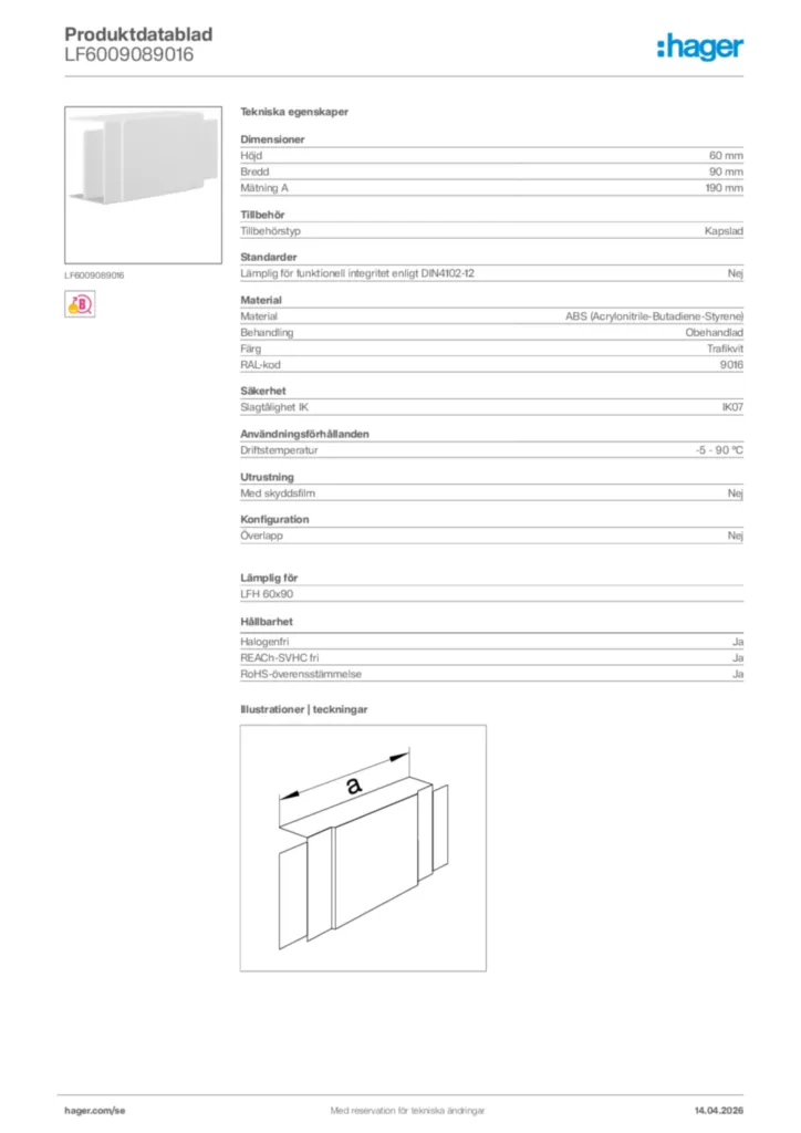 Bild Hager Produktdatablad LF6009089016 | Hager Sverige