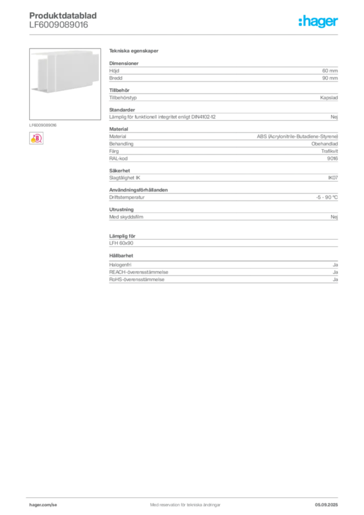 Bild Hager Produktdatablad LF6009089016 | Hager Sverige