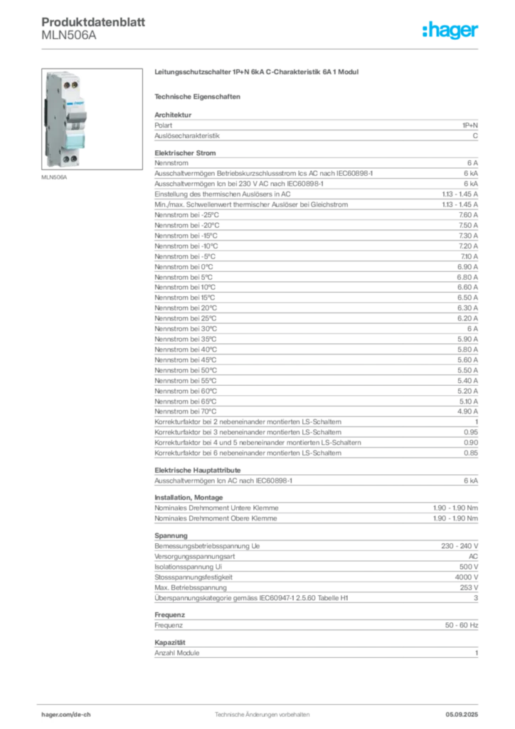 Bild Hager Produktdatenblatt MLN506A | Hager Schweiz