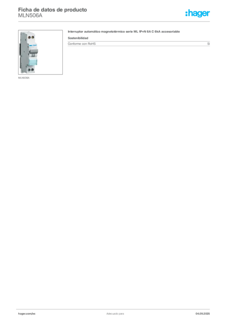 Imagen Hager Ficha de datos de producto MLN506A | Hager España