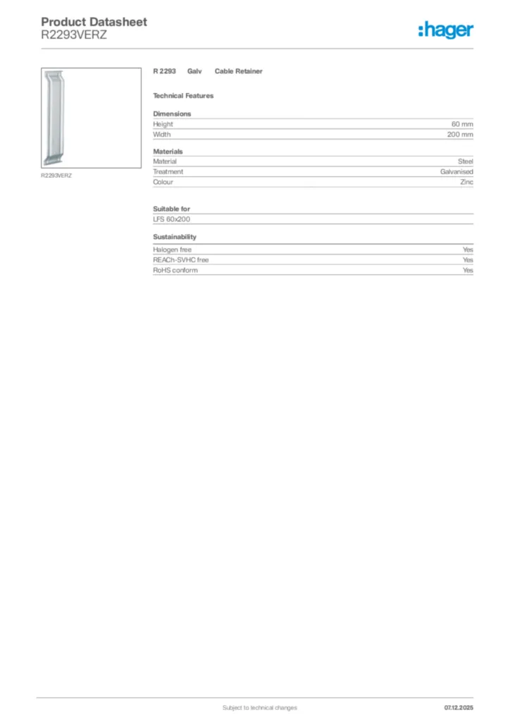 Image Hager Product data sheet R2293VERZ  | Hager Africa