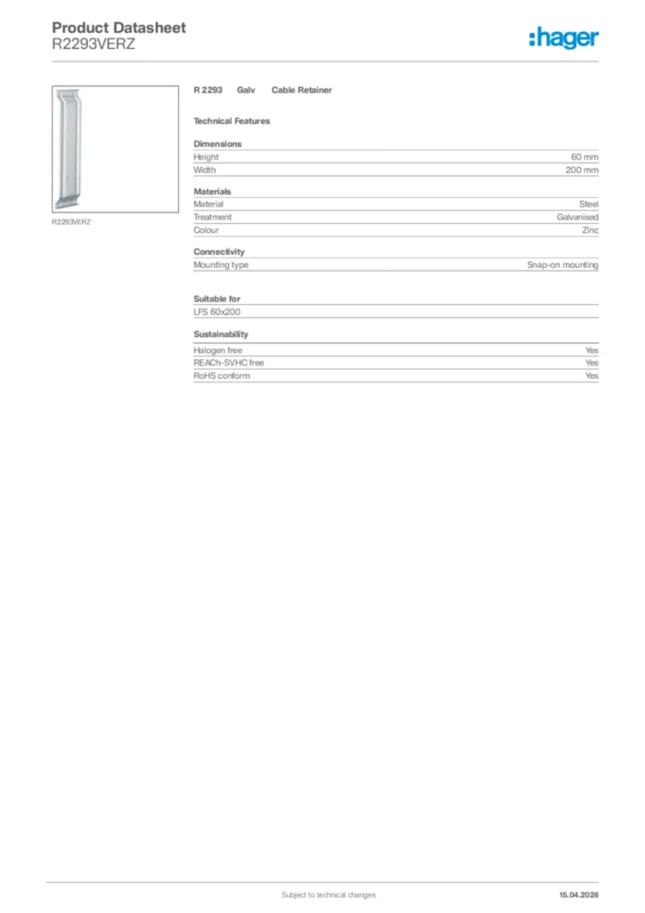 Image Hager Product data sheet R2293VERZ  | Hager Africa