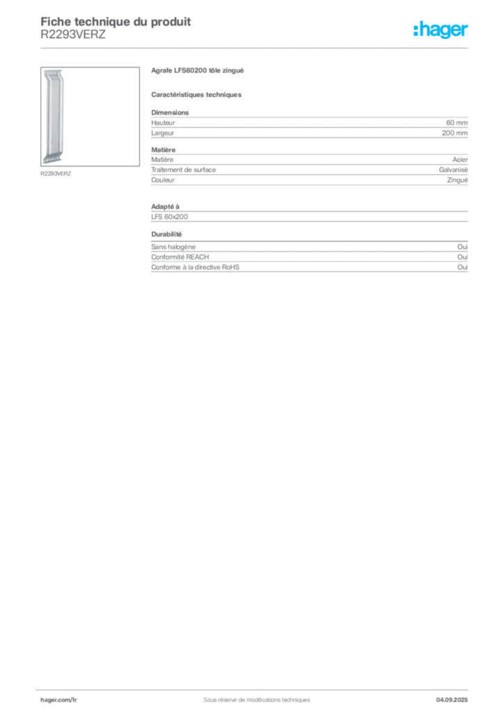 Image Hager Fiche technique du produit R2293VERZ | Hager France