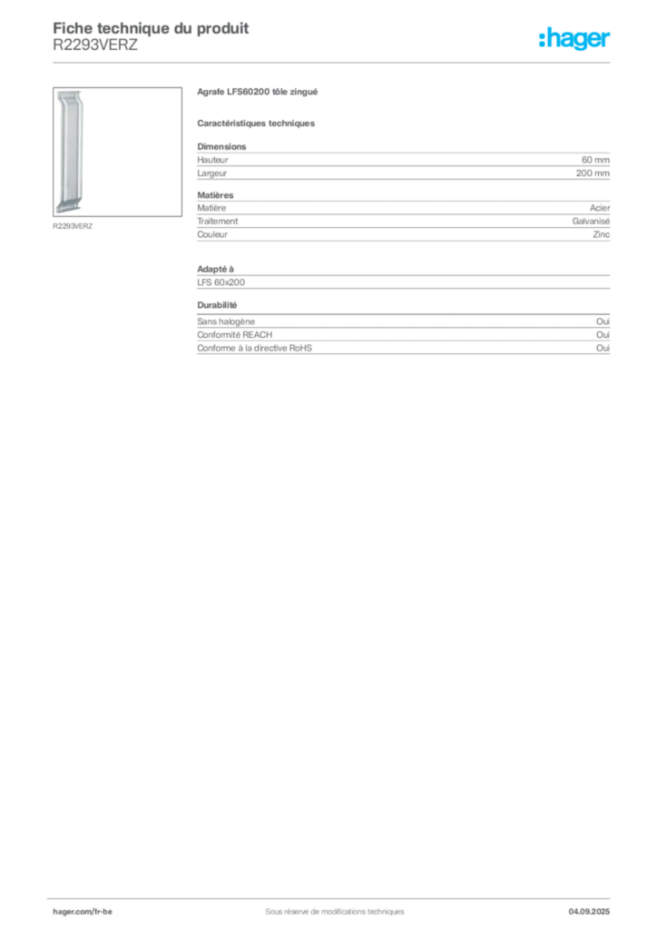 Image Hager Fiche technique du produit R2293VERZ | Hager Belgique