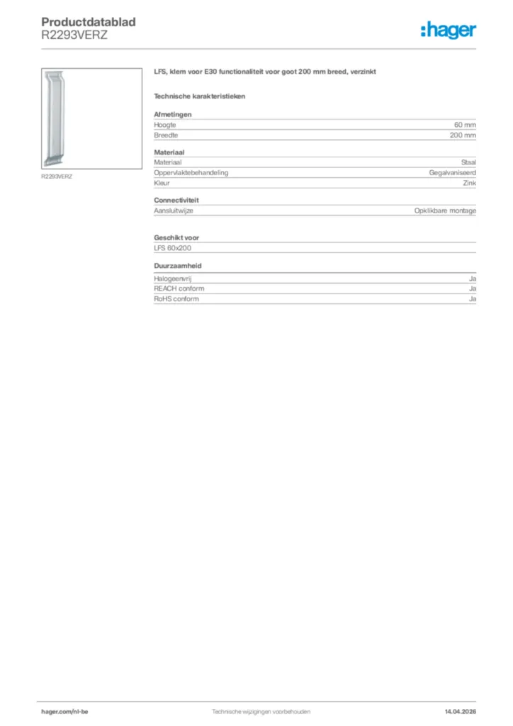 Afbeelding Hager Productdatablad R2293VERZ | Hager Belgium