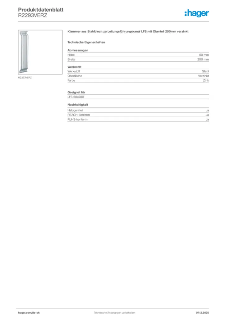 Bild Hager Produktdatenblatt R2293VERZ | Hager Schweiz