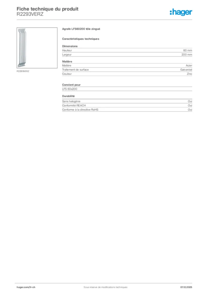 Image Hager Fiche technique du produit R2293VERZ | Hager Suisse