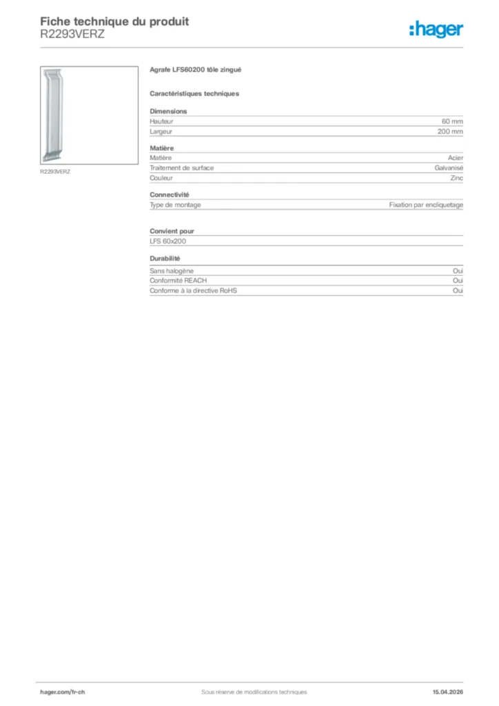 Image Hager Fiche technique du produit R2293VERZ | Hager Suisse