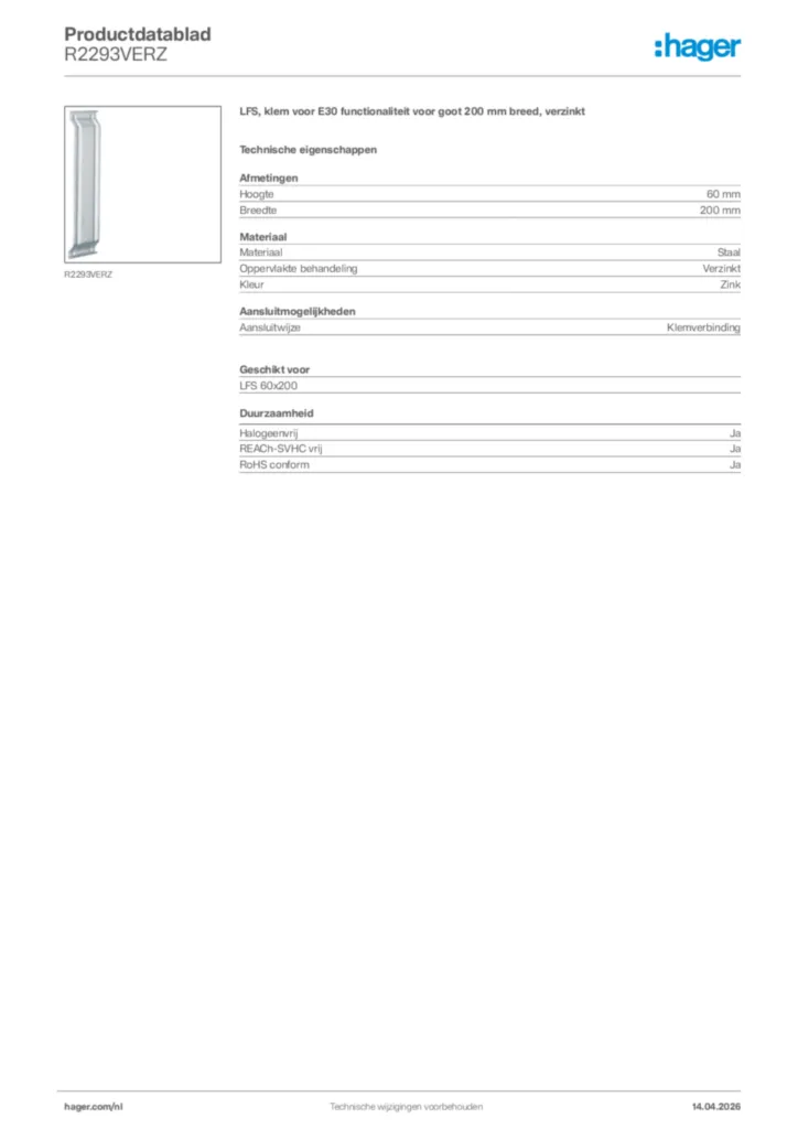 Afbeelding Hager Productdatablad R2293VERZ | Hager Nederland