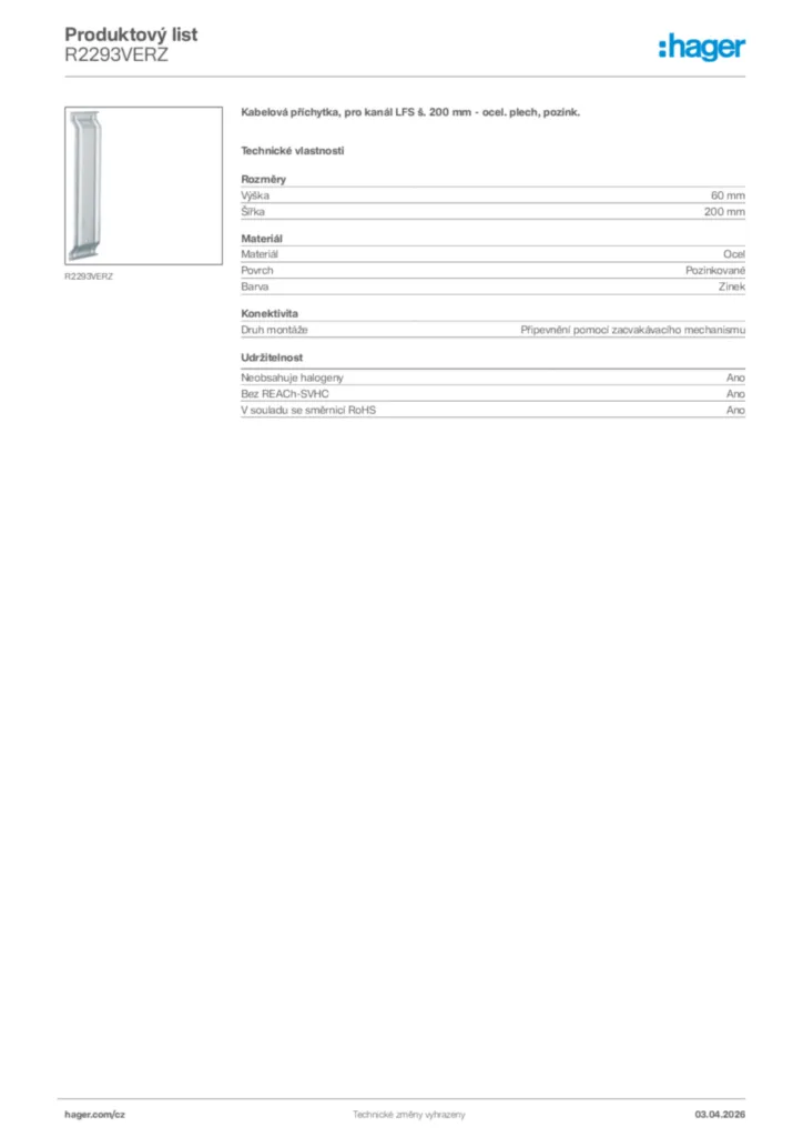Obrázek Hager Product data sheet R2293VERZ | Hager
